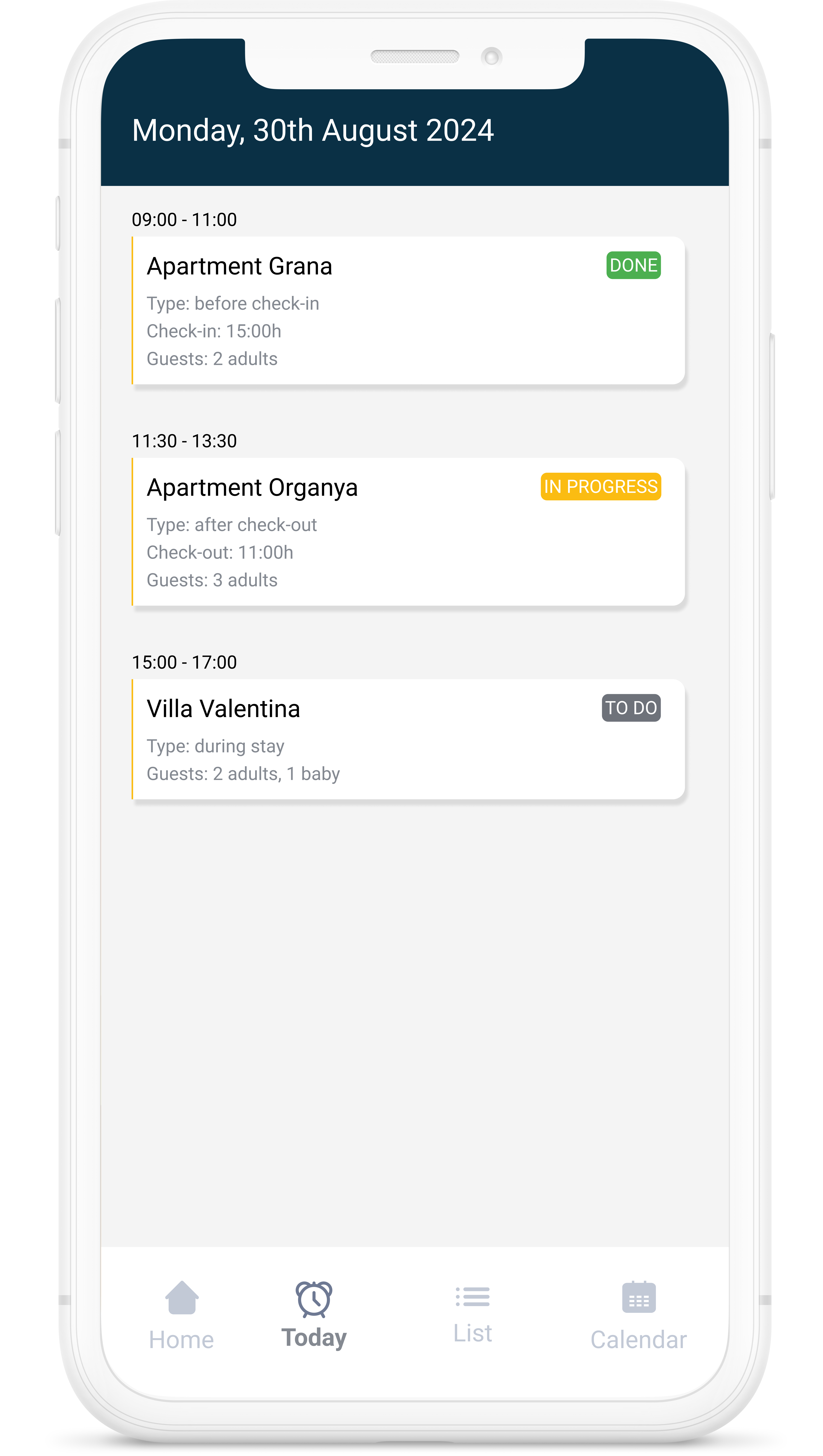 Mobile device showing the weekly plan of all cleanings assigned in the Icnea app.