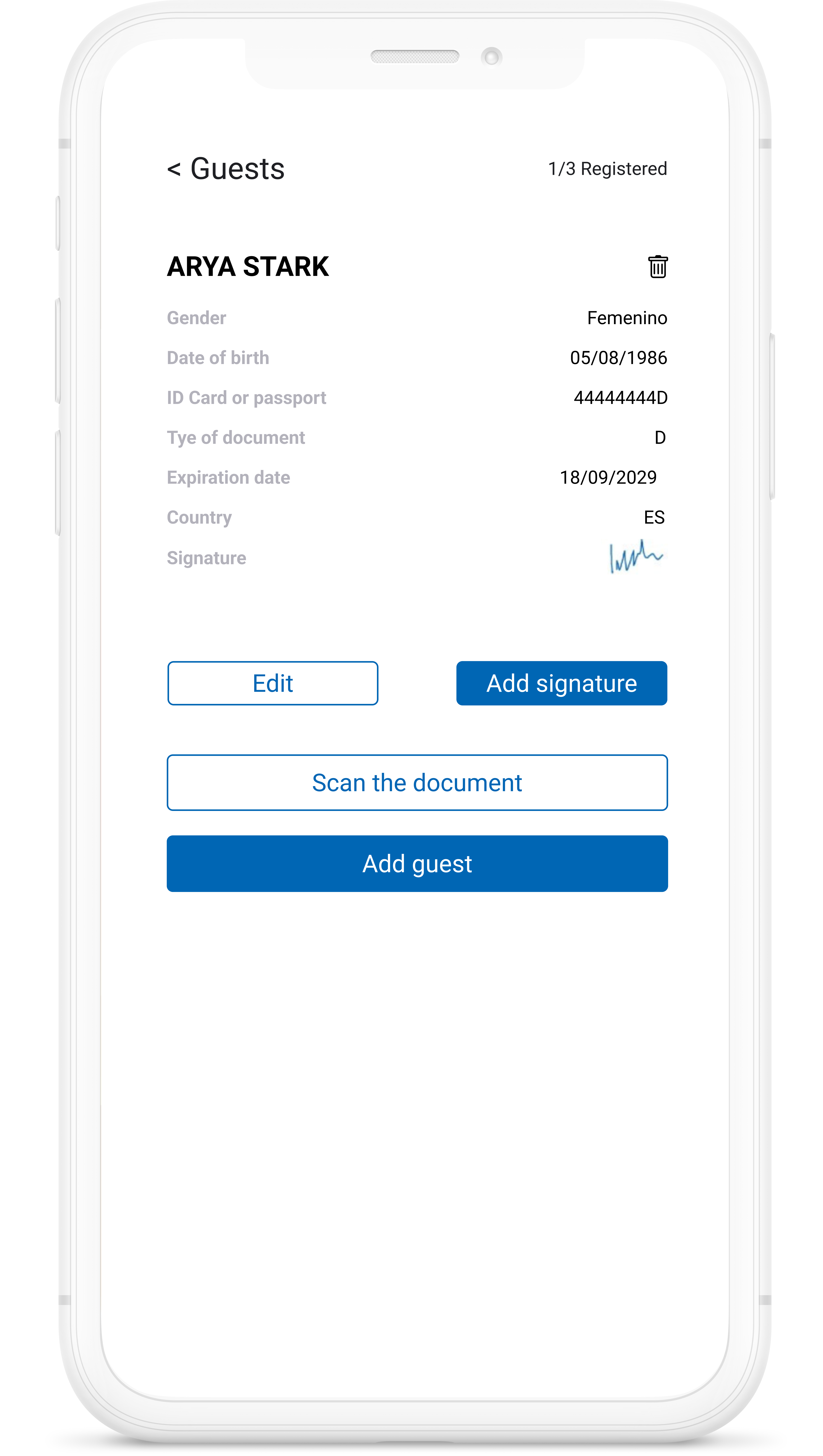 Mobile device displaying guest information
