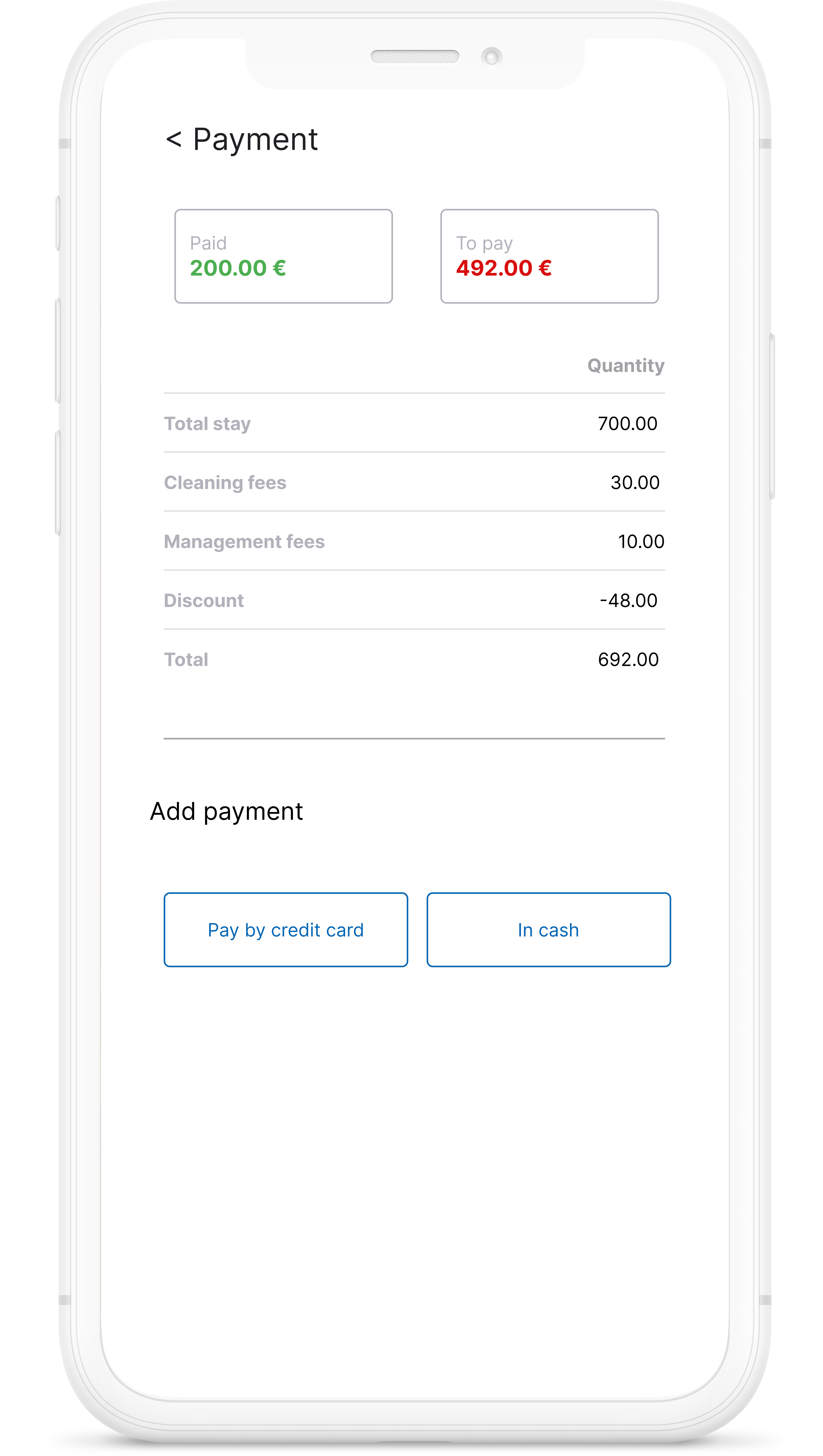 Mobile device where the payment information of the accommodation is shown